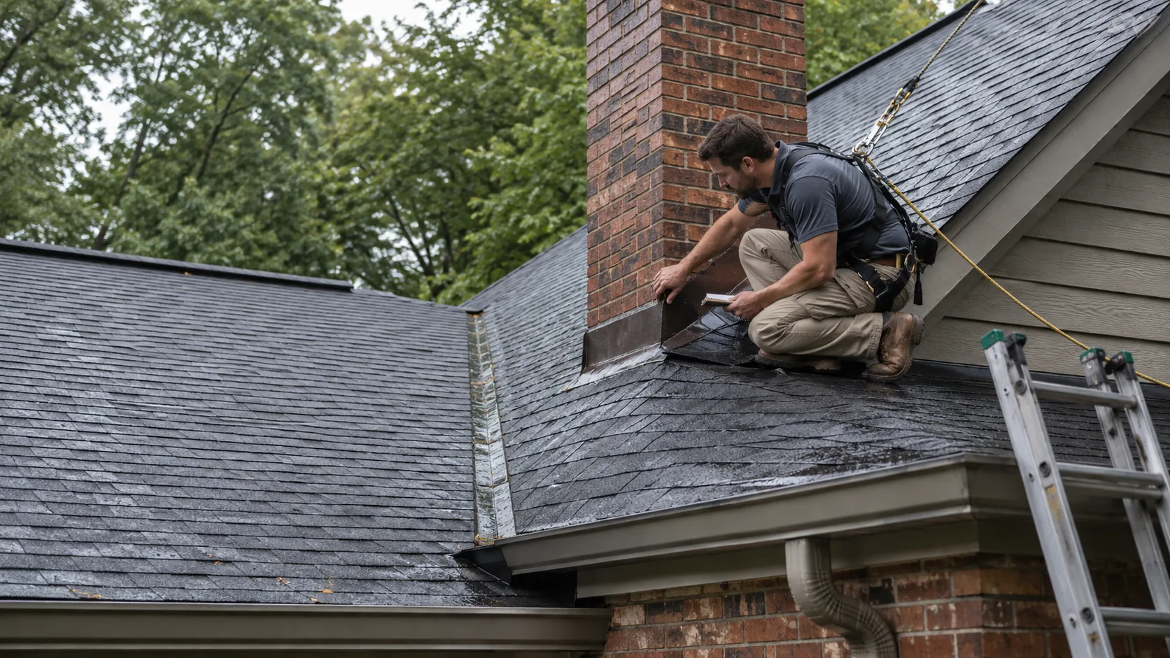 Roofing professional using fall protection while inspecting chimney flashing on an Atlanta-area home